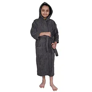 Aspire Woven Velour Hooded Bathrobe for 10 to 14 Year Old Boys & Girls, Full Sleeve, 100% Combed Cotton Material, Charcoal