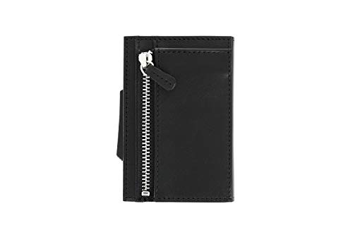 ÖGON Smart Wallet - Portefeuille Cascade Zipper Wallet - Accès instantané aux Cartes - Jusqu'à 8 Cartes + Billets - Aluminium et Cuir Italien - Pochette extérieur pour Votre Monnaie (Noir)
