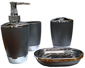 Stella 4Pc Plastic elegant Bathroom Accessory Set Soap Dish Dispenser Toothbrush Holder (Dark Grey)