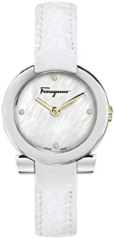 Salvatore Ferragamo Gancino Women's Quartz Watch with Mother of Pearl Dial set with 4 Diamonds and White Leather Strap FAP010016