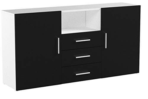 Vladon Buffet Dressoir Skadu, Corps en Blanc Mat/Façades en Noir Mat