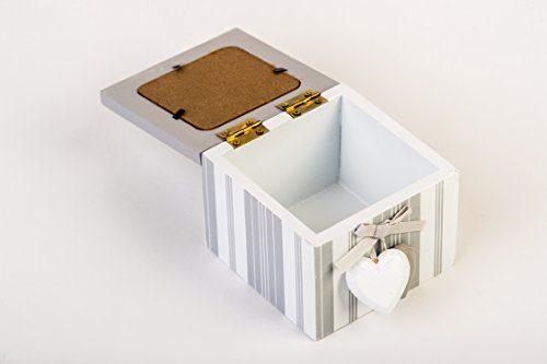 Dekoschachtel, Personalisierbar, Weiß Grau Gestreift Aus Holz In Shabby Chic, Mit Austauschbarem Foto Und Herzanhänger, Präsentbox, Aufbewahrungsbox - 2