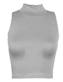 Womens Sleeveless Cropped Top Ladies Polo Neck Crop Dance Stretch Top (S/M (UK 8/10), Grey)