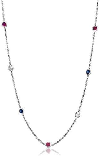 2.25CT Certified G/VS2 Blue Sapphire, Ruby and Diamond Centre Chain and Rubover 12 Stone Diamond Necklace in 18K White Gold