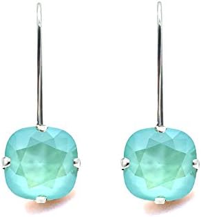 The Square Earrings 10 mm Antique Silver with Swarovski Crystals Mint green