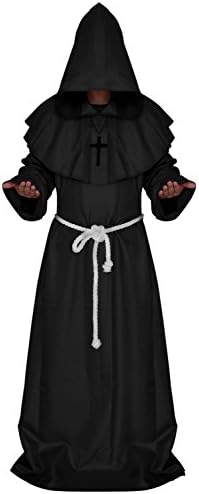Pinlian Friar Medieval Monk Priest Hooded Robe Cloak Cape Halloween Costume XL Black
