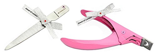 Jewel of London Stainless Steel Professional Precision 5" Pink Lacquer Gem Encrusted False / Fake / Acrylic / Artificial / UV Gel / Fiberglass Nail Tip / Profile / Edge Cutter / Clipper / Trimmer / Slicer with 10 cm Gem Encrusted Stainless Steel Serrated Nail File. Certified High Quality Construction, 3 Years No-Risk Guarantee Plus Jewel of London Cashback Offer