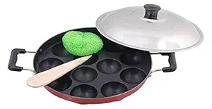 SKARS Non-Stick Appam Patra Side Handle with Lid, Paniyarakkal | Paniyaram | Appam Pan | Aebleskiver Maker | Pan Cake Maker | Ponganal Maker | Kuzhi Paniyaram | Paddu Tawa 12 Cup Cavities, Black