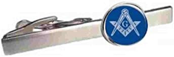 silver rhodium plated silver on blue masonic compass and set square with g tie clip , tie slide comes in gift box,