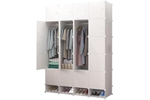 MAGIC SELECT 𝗔𝗿𝗺𝗮𝗿𝗶𝗼 𝗠𝗼𝗱𝘂𝗹𝗮𝗿, Estantería de Módulos, Organizador Modular de Ropa Ropero para Hogar, Estante de Almacenamiento para Dormitorio, 20 Módulos, 2 Barras, 192x140 cm, Color Blanco