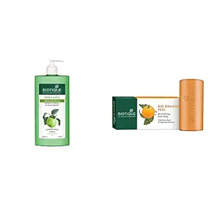 Biotique Bio Green Apple Fresh Daily Purifying Shampoo and Conditioner for Oily Scalp and Hair, 650ml & Biotique Bio Orange Peel Revitalizing Body Soap, 150g
