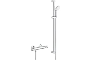 GROHE QuickFix Precision Flow, Set ducha termostática (con barra ducha 900cm, soportes, teleducha y flexo), botón de control ecológico, instalación con QuickSpanner incluída, cromado, 34842000