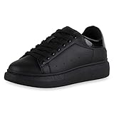  SCARPE VITA Damen Plateau Sneaker Leder-Optik Schuhe Schnürer Turnschuhe Lack Freizeitschuhe 183212 Schwarz Lack 39