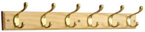 6 Hook Heavy Duty Coat and Hat Hook Rail, Pine/Brass Plated, Packaging May Vary