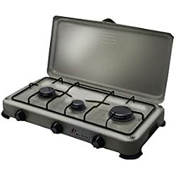 Plaque de cuisson gaz portable 3 feux 4100 W SILVER 3 butane- propane Gris alu - Bruleur inox - couvercle