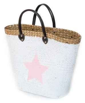 Strohtasche weiß mit rosa Stern Einkaufstasche Strandkorb Strandtasche Bag Shopper