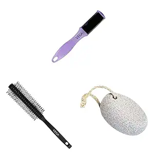 VEGA Portable Pedicure File For Dead Hard Skin & VEGA Round Brush For Men & Women, (R3-RB), Color May Vary & Vega Oval Shaped Pumice Stone, White
