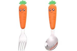 REQAG 2 Pezzi Posate Bambini in Acciaio Inox, Set Posate Bambino-1 Forchetta Bambini e 1 Cucchiai Bambini per Bambino, Casa Scuola Uso(carota, Argento)