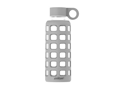purifyou Botella de Agua de Cristal con Funda de Silicona y Tapa de Acero Inoxidable - 12oz, Gris Pastel