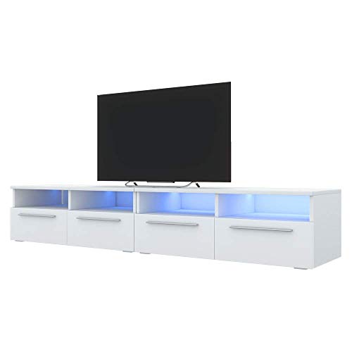 Siena Double - Meuble TV/Banc TV (200 cm, Blanc Mat/Blanc Brillant avec LED)