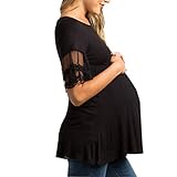 DAY8 Vêtement Femme Enceinte Pas Cher a la Mode Chic Été Top Haut Maternité Manche Courte Dentelle T Shirt Grossesse Col Rond Tunique Blouse Chemisier Femme Enceinte Solide Automne (L, Noir)