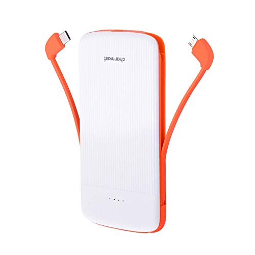 Charmast Batterie Externe USB C Power Bank 10000mAh Câbles Intégrée Batterie de Secours avec USB Micro Type C 3 Sorties et 2 Entrées pour iPhone Samsung Huawei (Blanc)