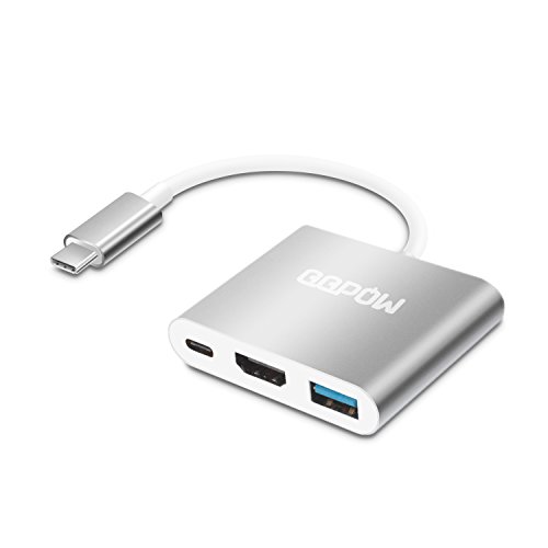QQPOW Typ C USB 3.1 Hub mit HDMI Unterstützung 4K Vision Output Charge Port für Macbook, Google Chromebook Pixel und Typ C Geräte (HDMI+USB3.0+Type-C, silbrig)