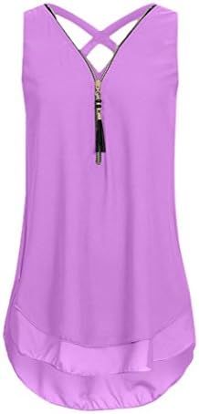 Kolylong Women Ladies Plain Tank Top Vest, Chiffon Sexy Sleeveless Camisole Cami Vest Plus Size Cross Back Hem Layed Zipper V-Neck T Shirts Tops (UK 10-12, Purple)
