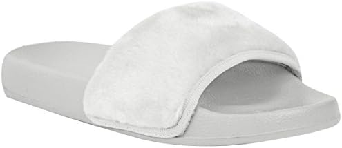 Ladies Furry Rihanna Fenty Inspired Flat Slider Sandals Mules Shoes Size Farrah - White - 5 UK