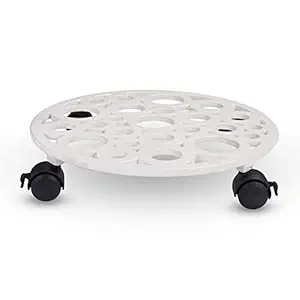 Sharpex Caddy Iron Dolly on Round Rack Rustproof Sturdy Metal Potted Indoor Outdoor Plant Stand/Trolley Casters with Rolling Wheels for Garden and Home- 1 PC- White