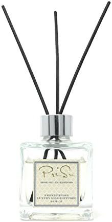 PriSu Reed Diffuser White Lavender Premium Essential Oil - Natural Long-Lasting Home &amp; Indoor Fragrance - Aromatherapy &amp; Stress Relief - With Decorative Glass Bottle &amp; Rattan Sticks - 4fl oz
