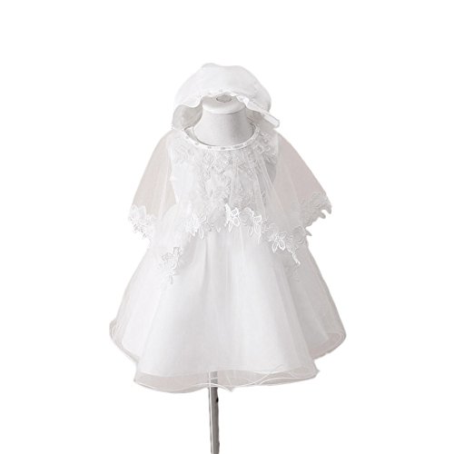 Wawoo®Infant Christening Gowns Toddler Baby Girls Birthday Dress White Cotton Lined Clothes Princess Party Dress with Hat 0-24 Month