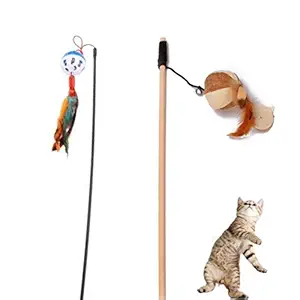 Pooch Box Cat Teaser 2 Playing Stick - |Spring Feather Stick | Jute Mice Wooden Stick Cat Teasing Stick Kitten Toys (Combo of 2)