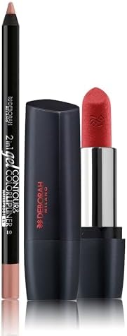 Deborah Milano -Set Makeup Rossetto Red Mat con Collagene e Acido Ialuronico, 3 Geranium, 4.5gr e Matita Labbra 2 in 1 Gel Contour&Color, 01 Nude Rose, ad Alta Pigmentazione e Waterproof, 1.3gr