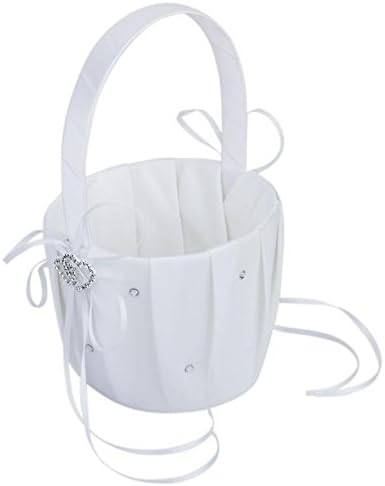 Newwestocean Exquisite Satin Wedding Flower Girl Basket Double-Heart Rhinestone Decor Ivory White