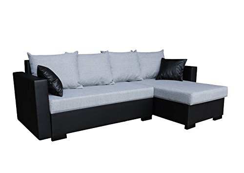 Preisvergleich Produktbild AVANTI TRENDSTORE - Ecksofa mit Schlaf- und Bettkastenfuntion aus Kunstleder in 2 verschiedenen Farben verfügbar, ca. 230x73x140 cm (schwarz / grau)