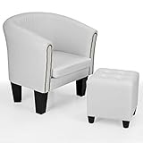 MAßE SESSEL: Clubsessel B/H/T: ca. 69/70/60 cm, Sitzfläche B/T: ca. 44/44 cm, Maße Hocker: B/H/T: ca. 34/36/34 cm, Gesamt-Gewicht: ca. 12,5kg, Max. Belastbarkeit: ca. 100kg, Stuhlbein (H): je ca. 20 cm, Material: Holz, Kunststoff, Kunstleder, Kupfer