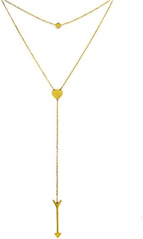 Gold Arrow Head Necklace, Minimal Arrowhead Pendant, Long Lariat Y Shaped Layered, Drop Ball and Heart Choker