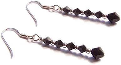 LunarraStarWomen 925 Sterling Silver Jet Black Crystal Earrings Beaded Drop Pierced