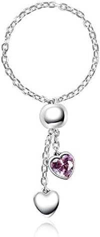 Adjustable Size Chain 925 Sterling Silver Rings for Women Girls,Dangle Heart-shaped and Pink Cubic Zirconia,fit All Fingers,Gift for Mum Wife Girlfriend Daughter Anniversary Wedding Rings