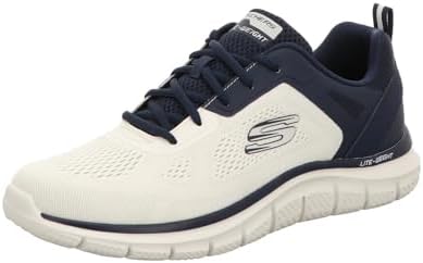 Skechers Traccia più Ampia, Sneaker Uomo, Finiture Blu Navy in Maglia di Poliuretano con Ingegnerizzazione Bianco Sporco, 44 EU