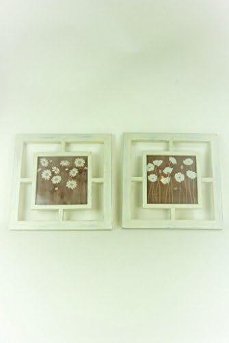 Four Seasons- Wall Art set of 2 White Wooden Frames with central Brown and White Floral Picture
