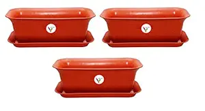 VINSHRA Plastic Pot with Bottom Tray Set, Red, 20 inch, 3 Pieces, 1 Small Pot Free