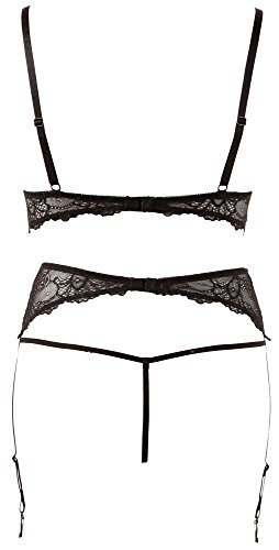 Abierta Fina BH Set Perlen - erotisches 3-teiliges Strapsset für sie, Dessous-Set, BH, ouvert String und Strapsgürtel, Verführung des Partners, schwarz - 3