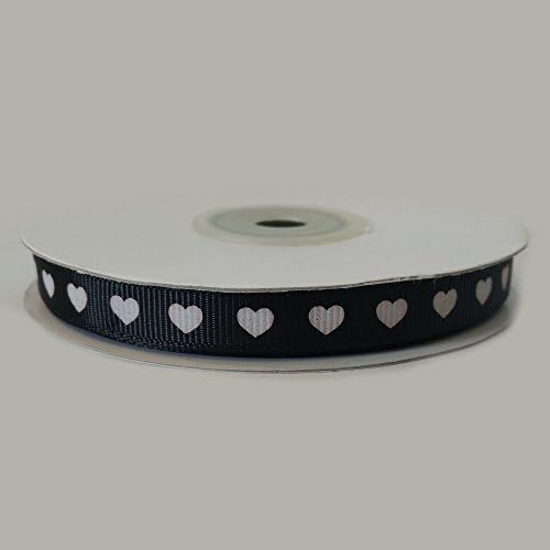 various colours Grosgrain ribbon with white hearts 10mm x 25 metre Full Roll (Black)