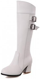 RTRY Women'S Shoes Pu Leatherette Fall Winter Comfort Novelty Fashion Boots Boots Chunky Heel Round Toe Knee High Boots Buckle For Party &Amp,White,Us12.5/Eu45/Uk10.5/Cn47
