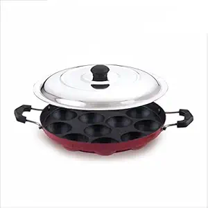 BMS Lifestyle Health-Pro Stainless Steel Non-Stick 12 Cavity Appam Patra Side Handle with lid, Maroon