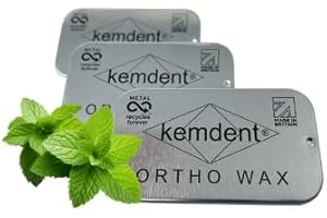 Kemdent Ortho Wax 3 Pack 15 Precut Strips, Metal Recyclable Cases. For Braces & Aligners- Stick Better, Braces Mouth, Patient wax (Mint)