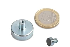 MAGNOSPHERE Magneti con base in acciaio Ø 10mm - Ø 125mm gambo-foro-filettato ferrite - Ferrite Magneti Pot utilizzano magneti in ferrite per Magneti con base in acciaio con gambo-foro-filettatodare un buon livello di tenuta ad un prezzo economico, Grandezzas:Ø 20mm | M3 | 3kg forza