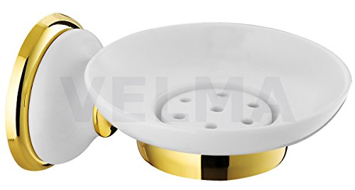 VELMA - 278359 - Sehr schöner Seifenhalter mit Seifenschale in einem absolut exclusiven Design - Aus unserer Serie Bianco Gold - Das Material besteht aus Messing, einer Zinklegierung, hochwertiger Keramik und Gold - 100 % rostfrei - Premium Qualität